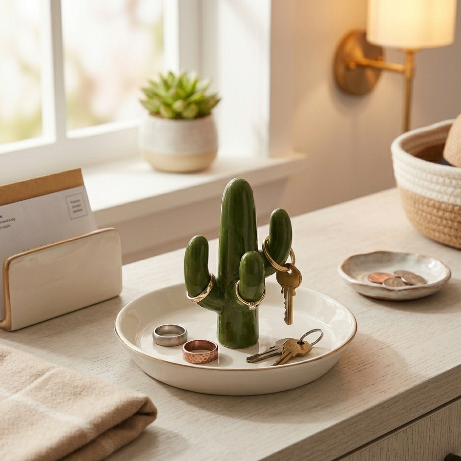 Decorative cactus-shaped ring holder on a table with keys and other small items.