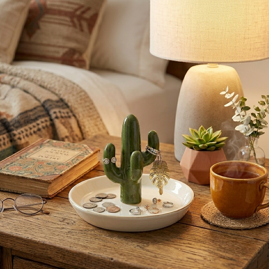 Cactus-shaped ring holder on a wooden table with a lamp, book, and cup in a cozy room.